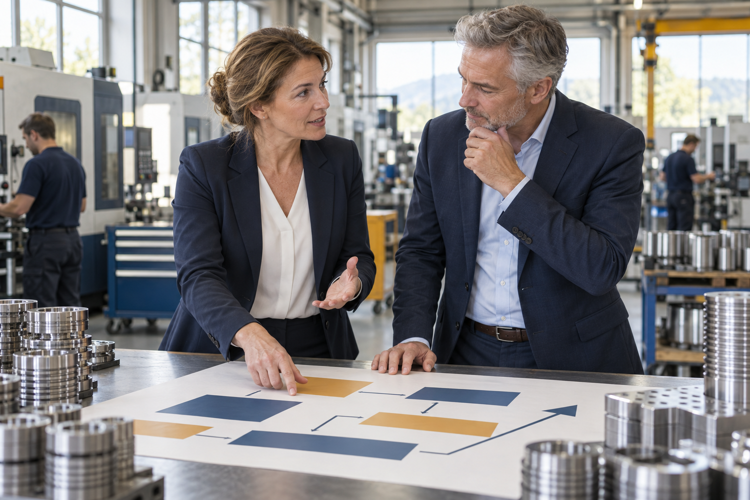 Unternehmerin erläutert einem Beteiligungsinteressenten ihren betrieblichen Entwicklungsplan