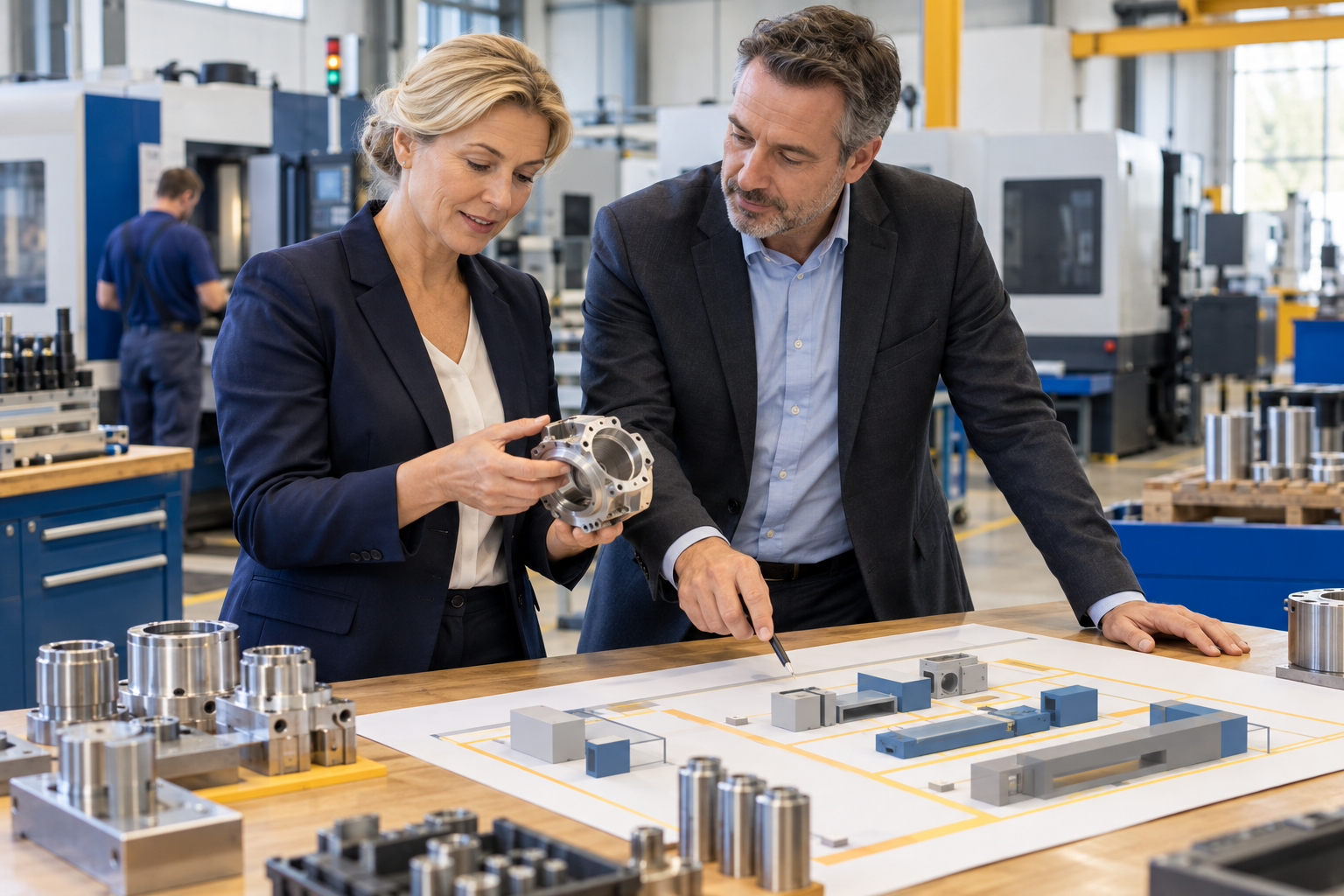 Unternehmerin und kaufmännischer Partner besprechen eine geplante Fertigungsanlage